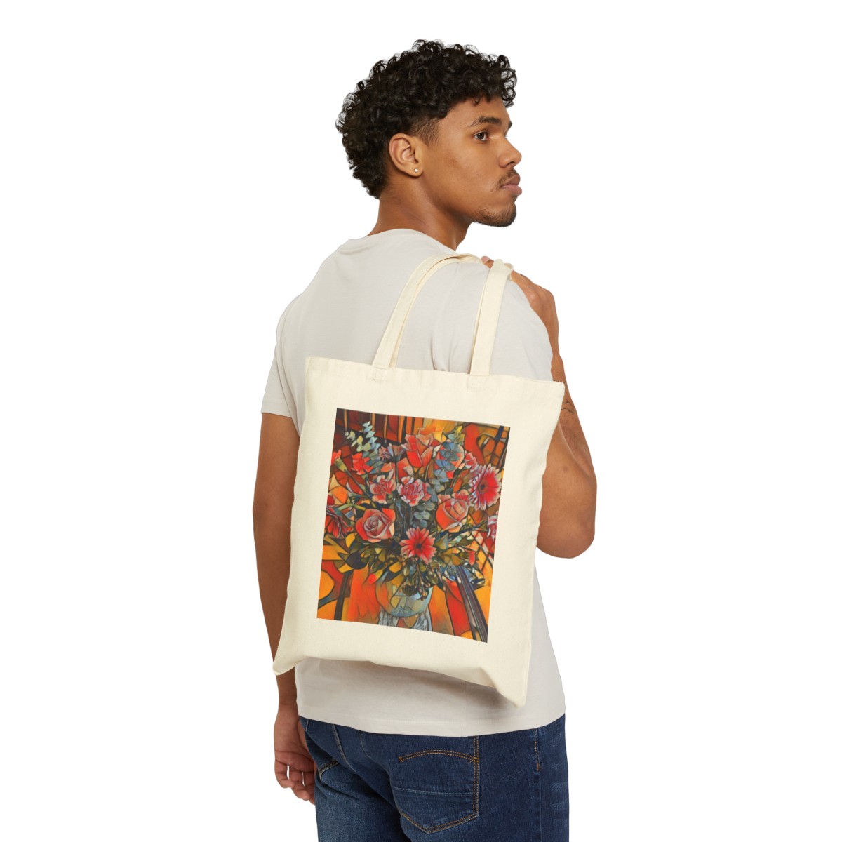 Vintage Floral Tote Bag | Retro Roses in Mason Jar Design | Organic Cotton Canvas