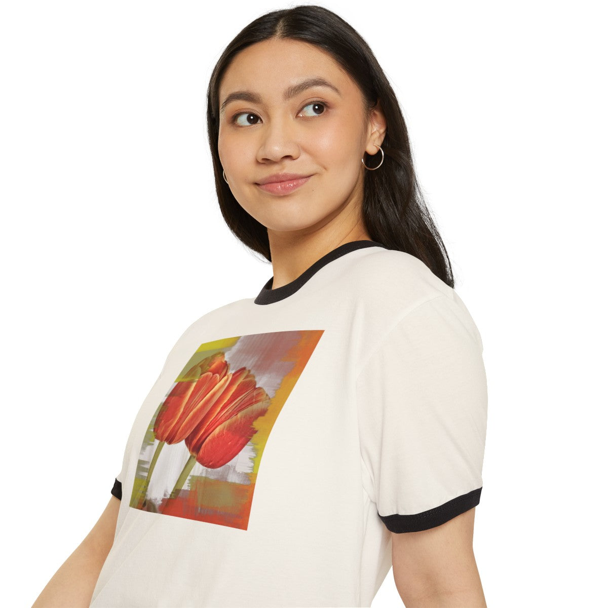 Vintage Style Comfy Cream T-Shirt with Orange Tulips