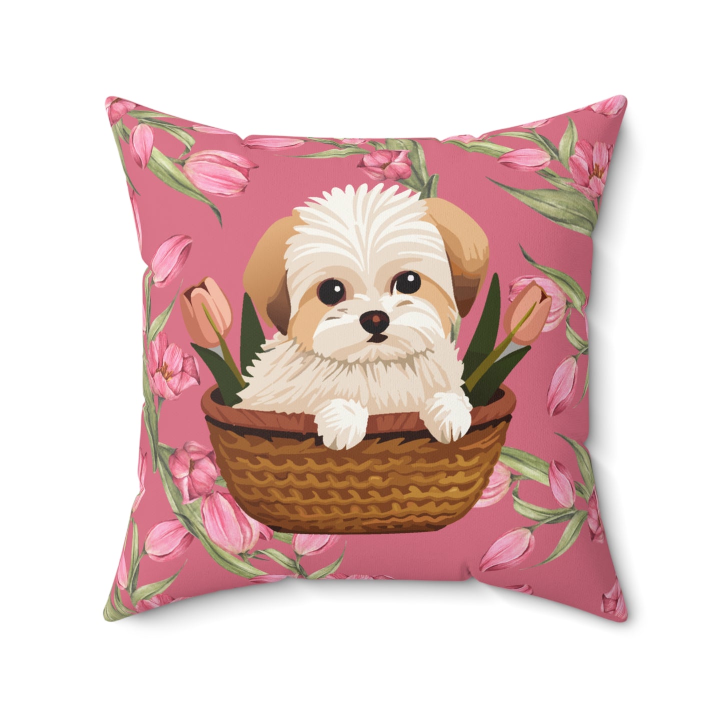 Square Pillow Featuring Adorable Brown Maltese and Pink Tulips