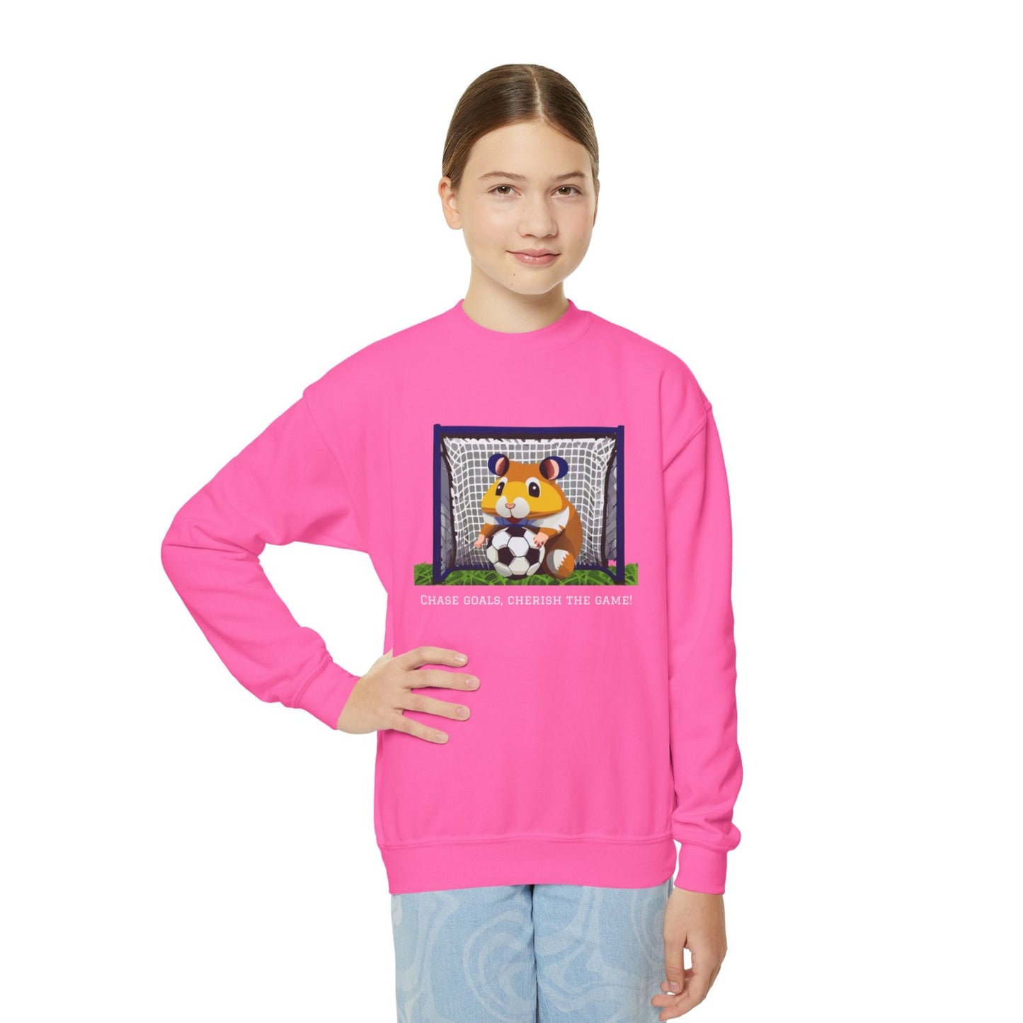 Cozy Youth Crewneck Sweatshirt Featuring Soccer Hammy
