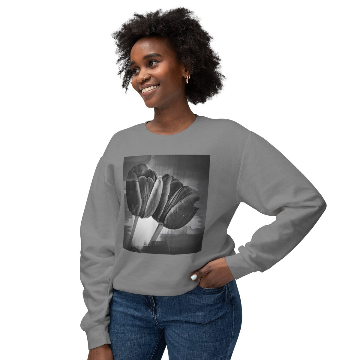 Comfy Oversized Vintage Style Grey Sweatshirt with Monochrome Tulips
