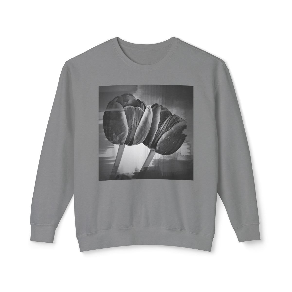 Comfy Oversized Vintage Style Grey Sweatshirt with Monochrome Tulips