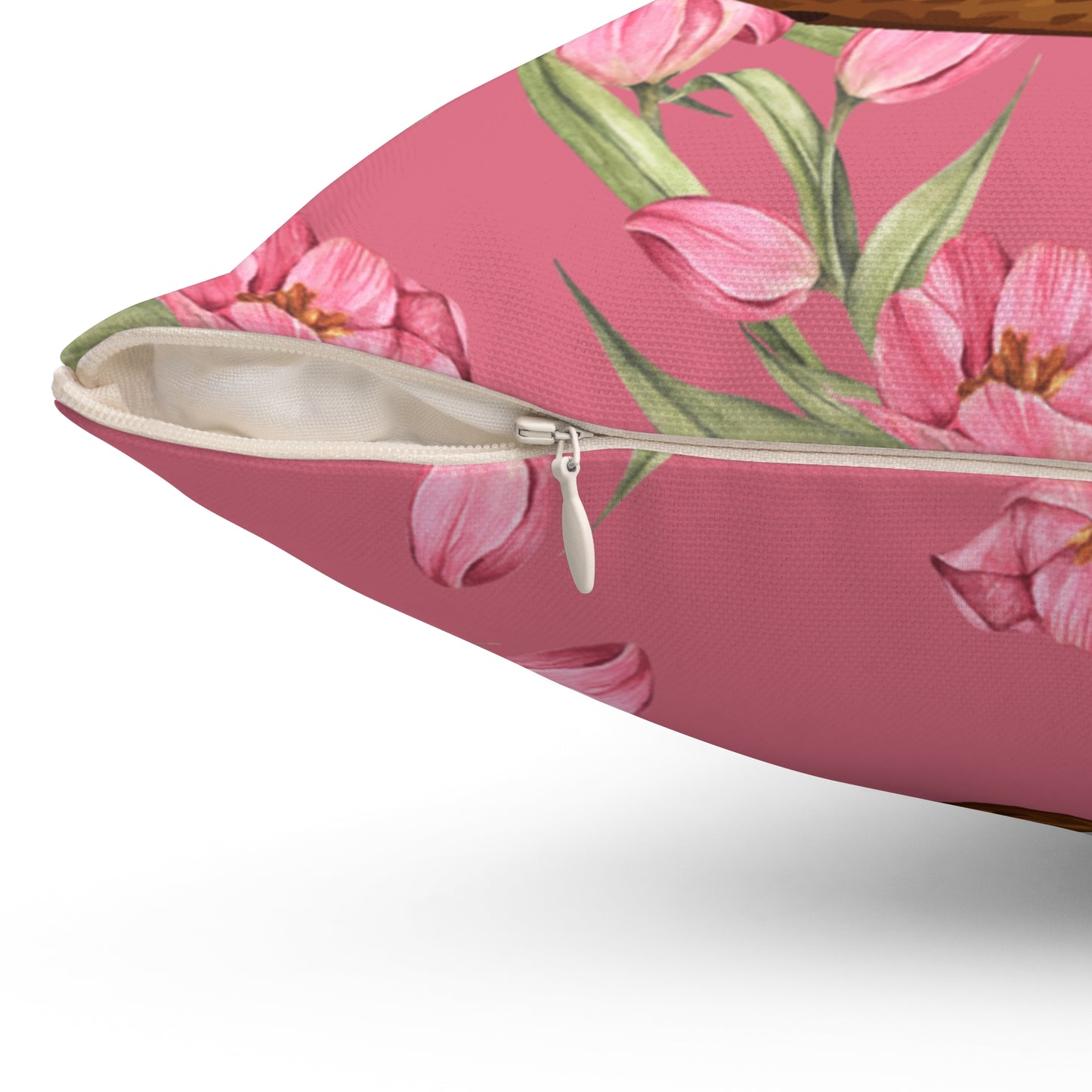 Square Pillow Featuring Adorable Brown Maltese and Pink Tulips
