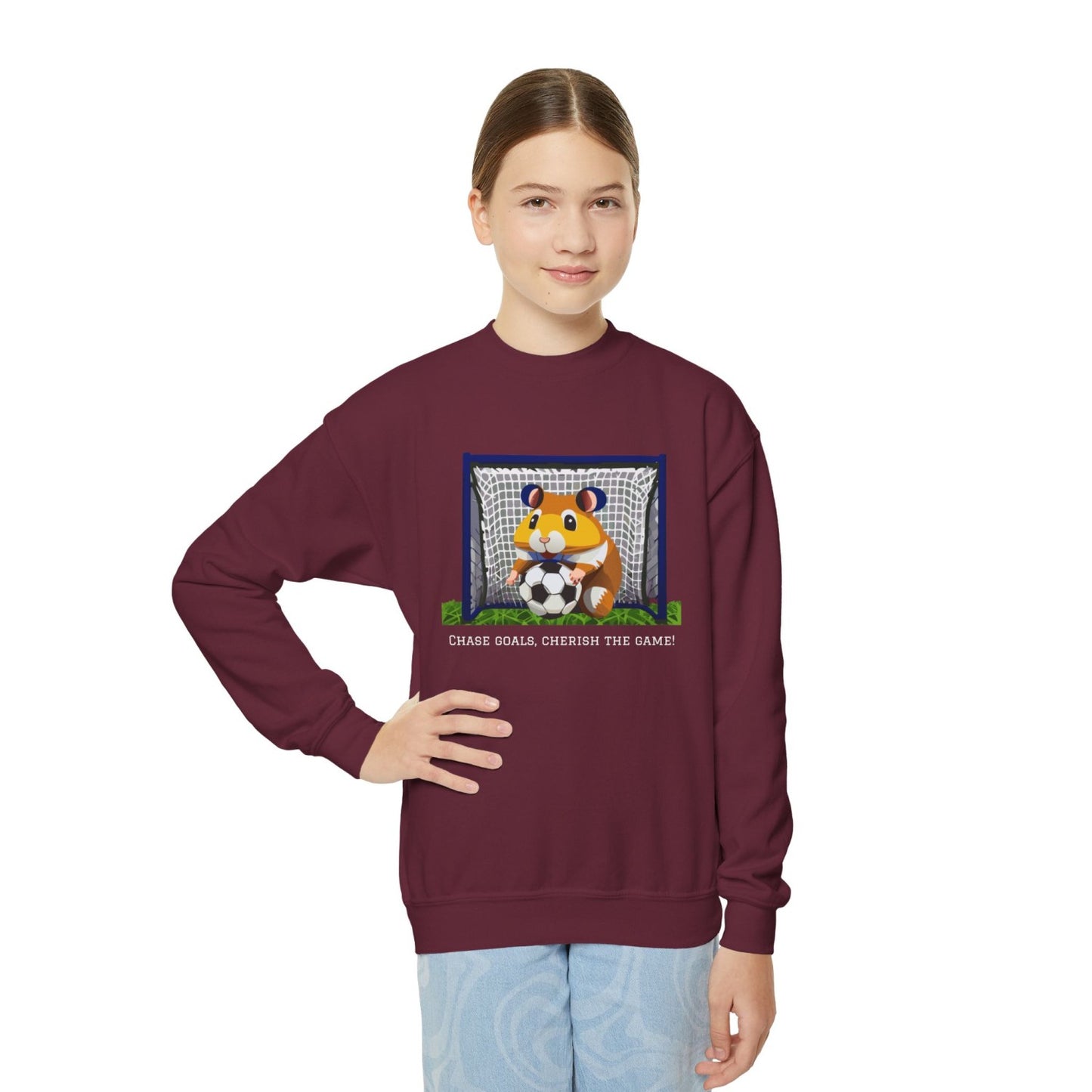 Cozy Youth Crewneck Sweatshirt Featuring Soccer Hammy