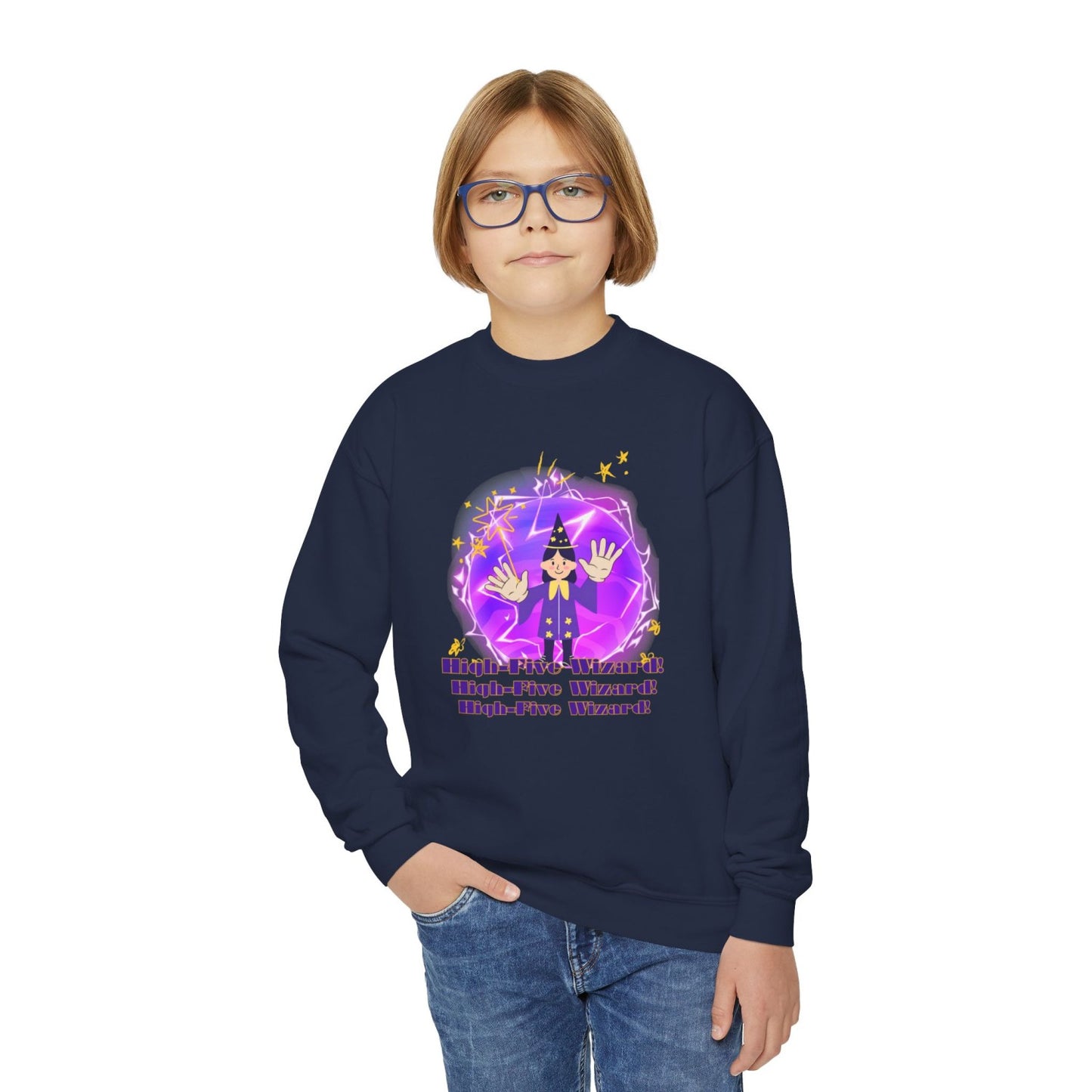 Cozy Youth Crewneck Sweatshirt Featuring High-Five Wizard