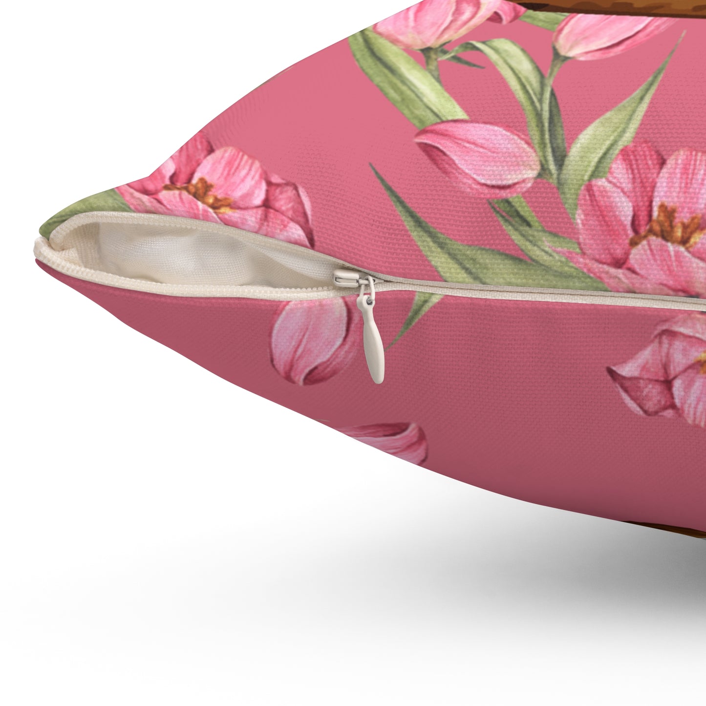 Square Pillow Featuring Adorable Brown Maltese and Pink Tulips
