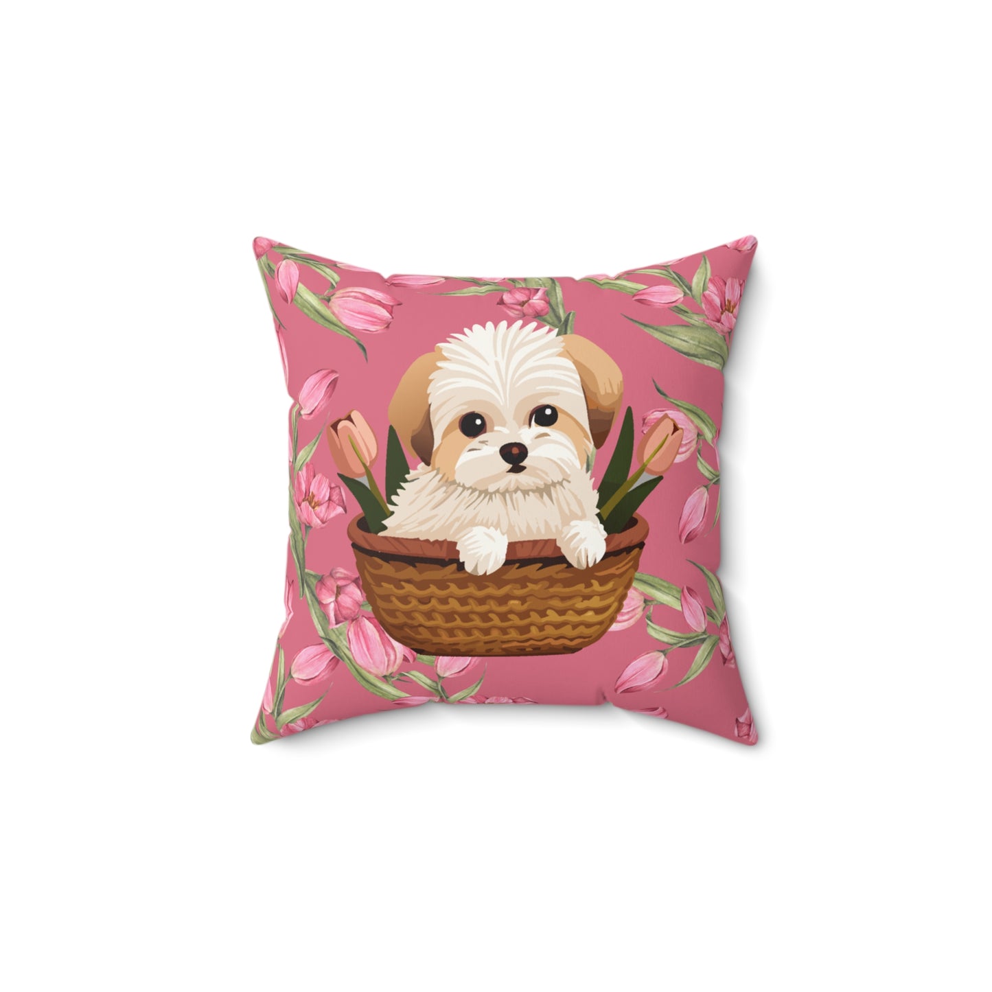 Square Pillow Featuring Adorable Brown Maltese and Pink Tulips