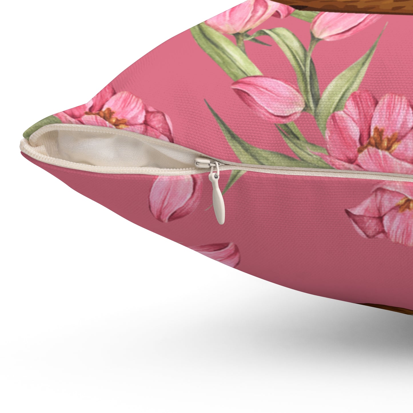 Square Pillow Featuring Adorable Brown Maltese and Pink Tulips