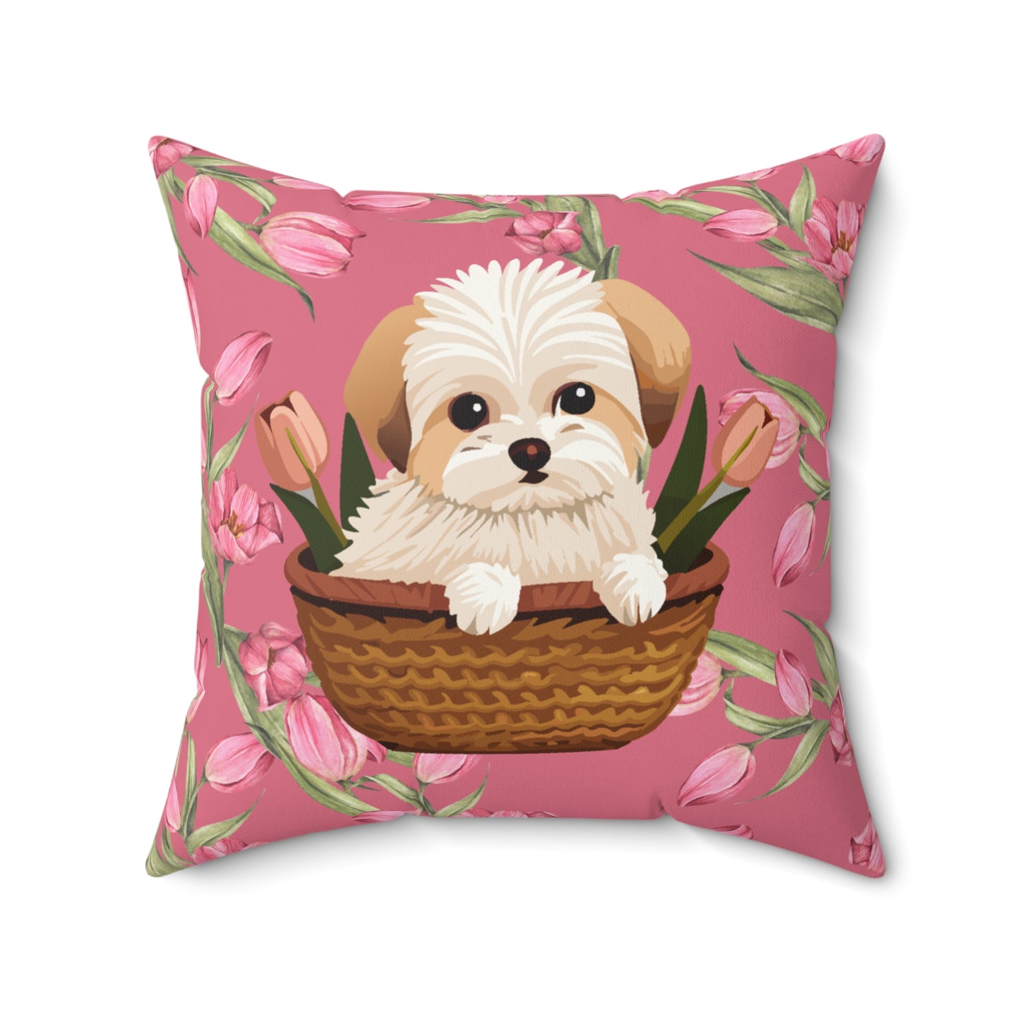 Square Pillow Featuring Adorable Brown Maltese and Pink Tulips