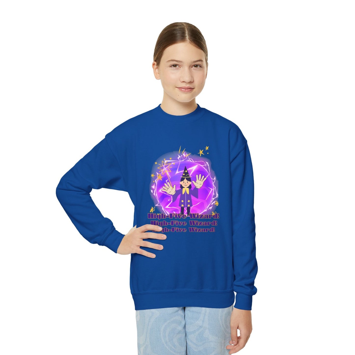 Cozy Youth Crewneck Sweatshirt Featuring High-Five Wizard