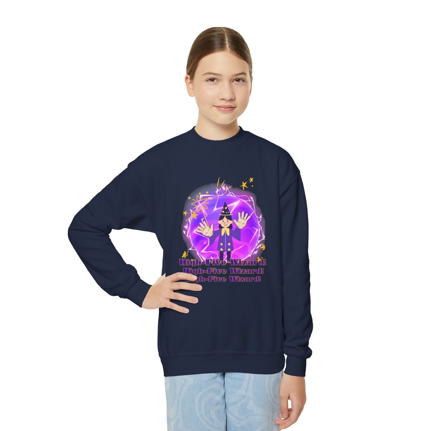 Cozy Youth Crewneck Sweatshirt Featuring High-Five Wizard