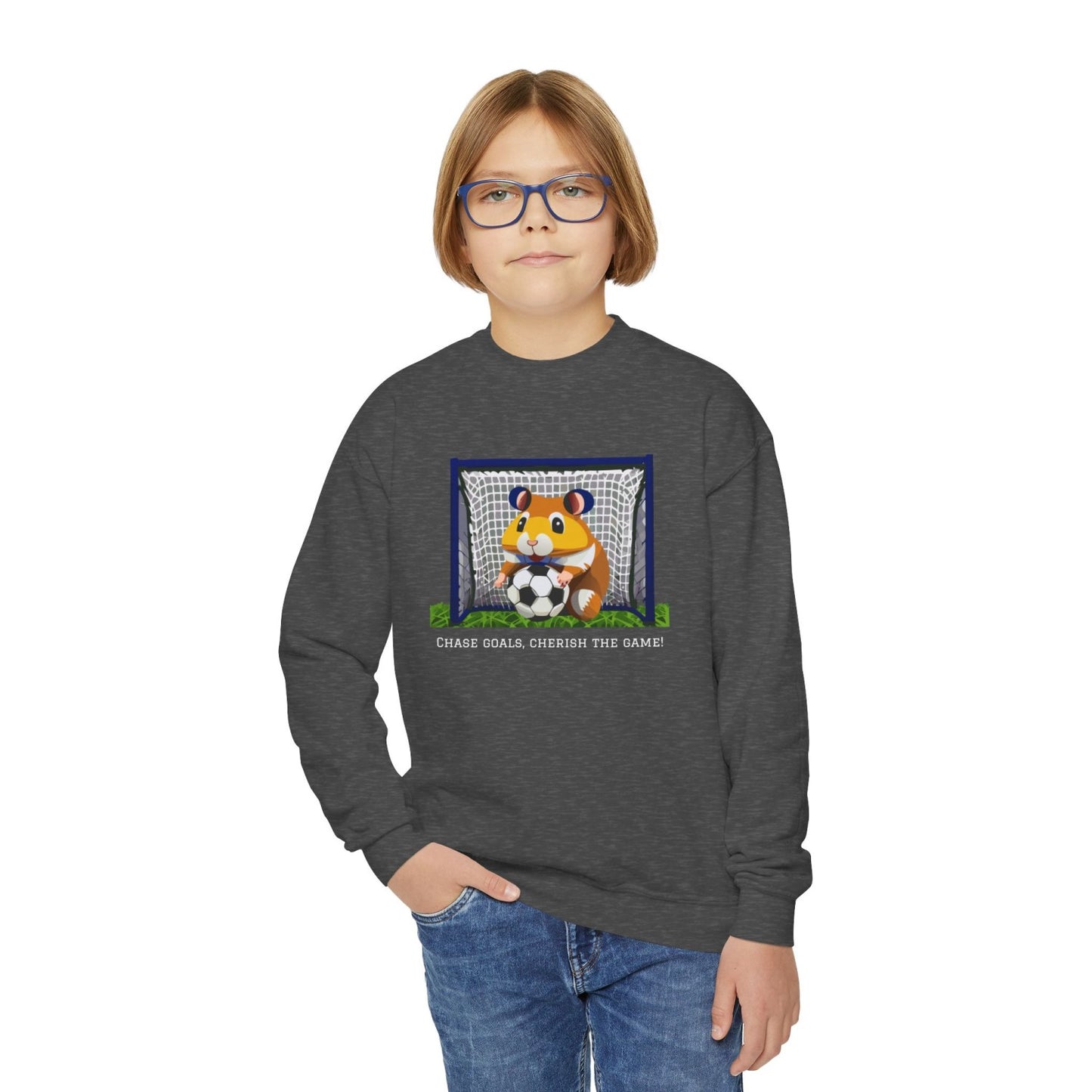Cozy Youth Crewneck Sweatshirt Featuring Soccer Hammy
