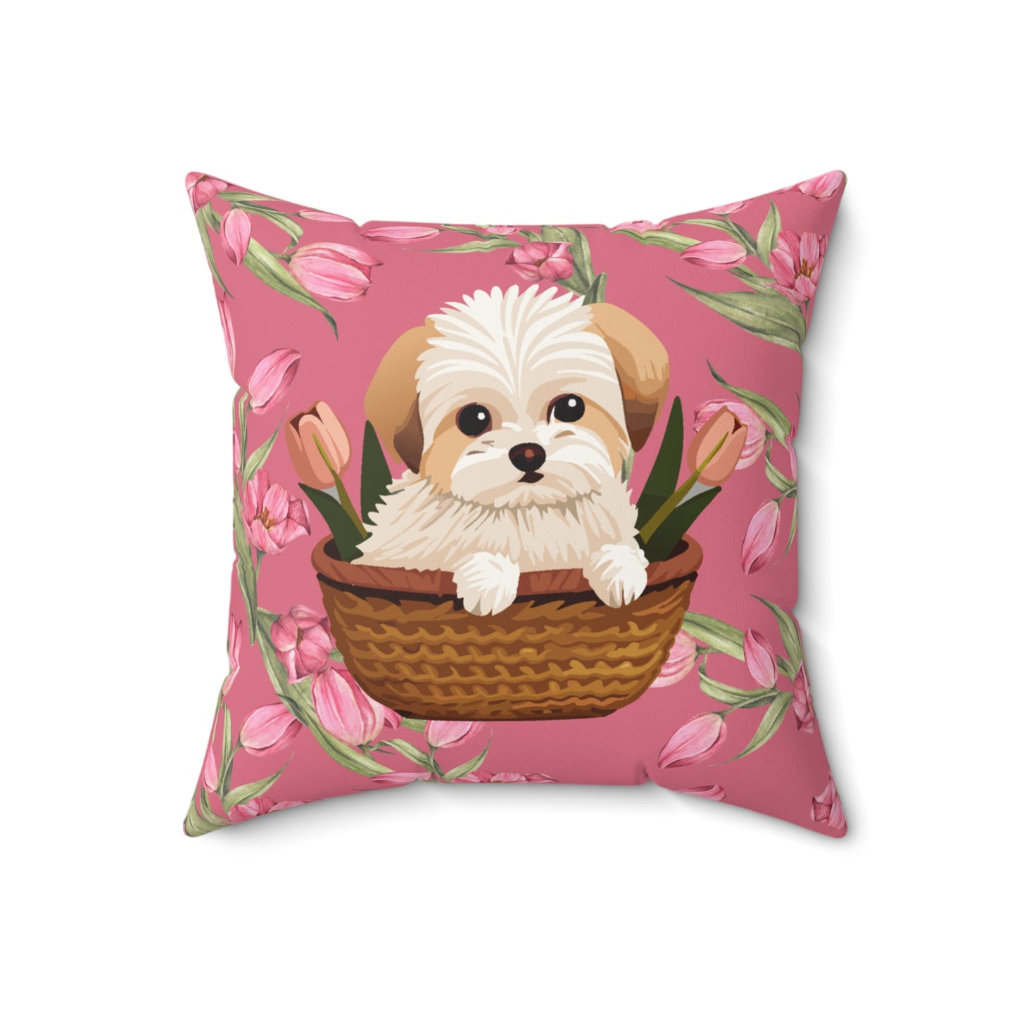 Square Pillow Featuring Adorable Brown Maltese and Pink Tulips