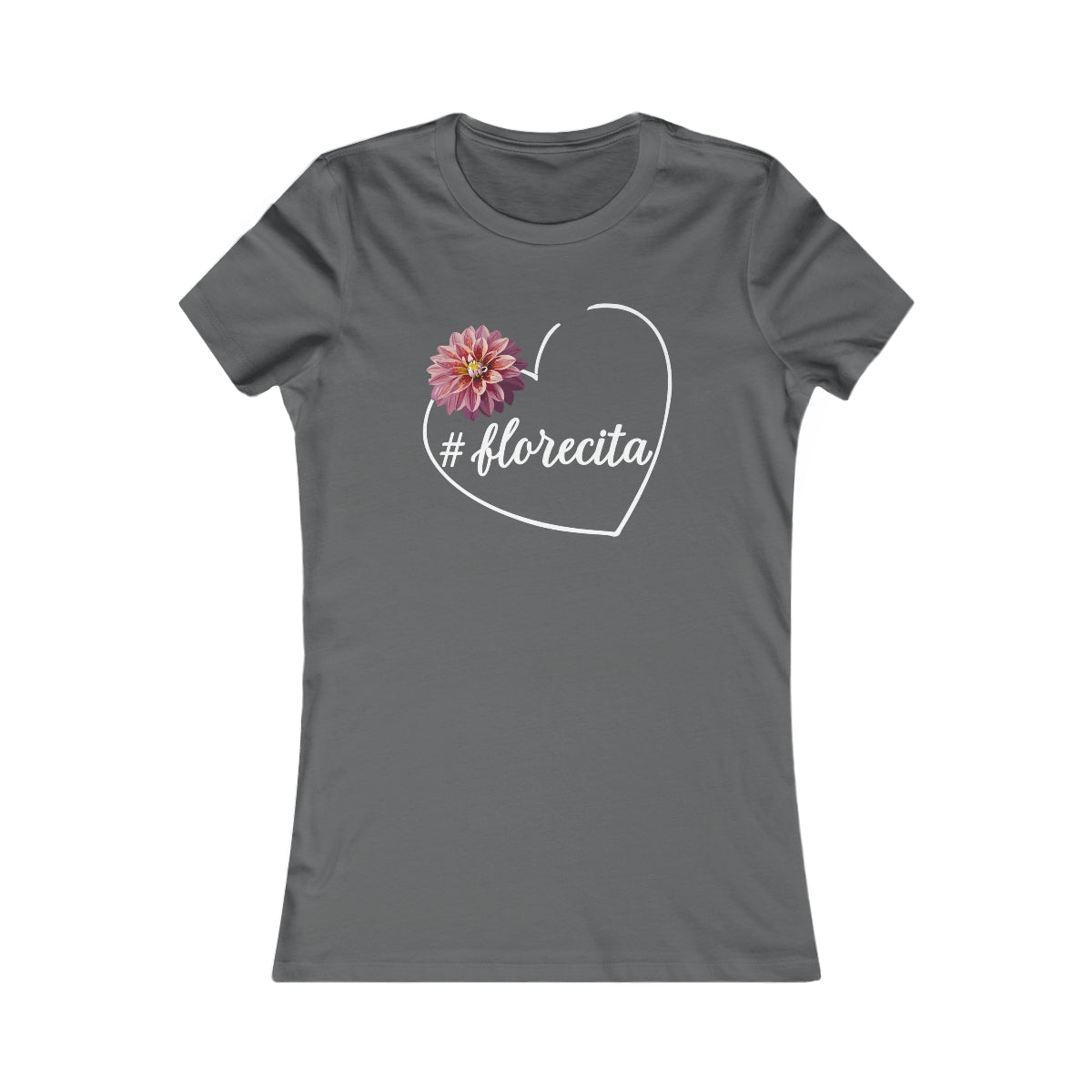 Cute Black Tee for Women with Pink Dahlia & Hashtag Florecita Heart
