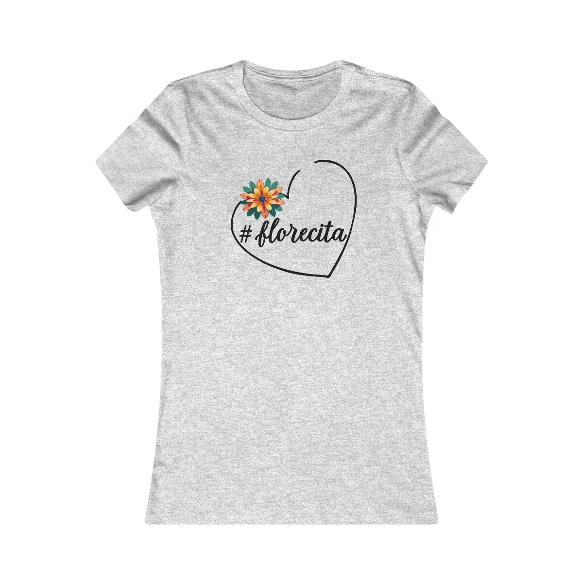 Cute White Tee for Women with Orange Dahlia & Hashtag Florecita Heart