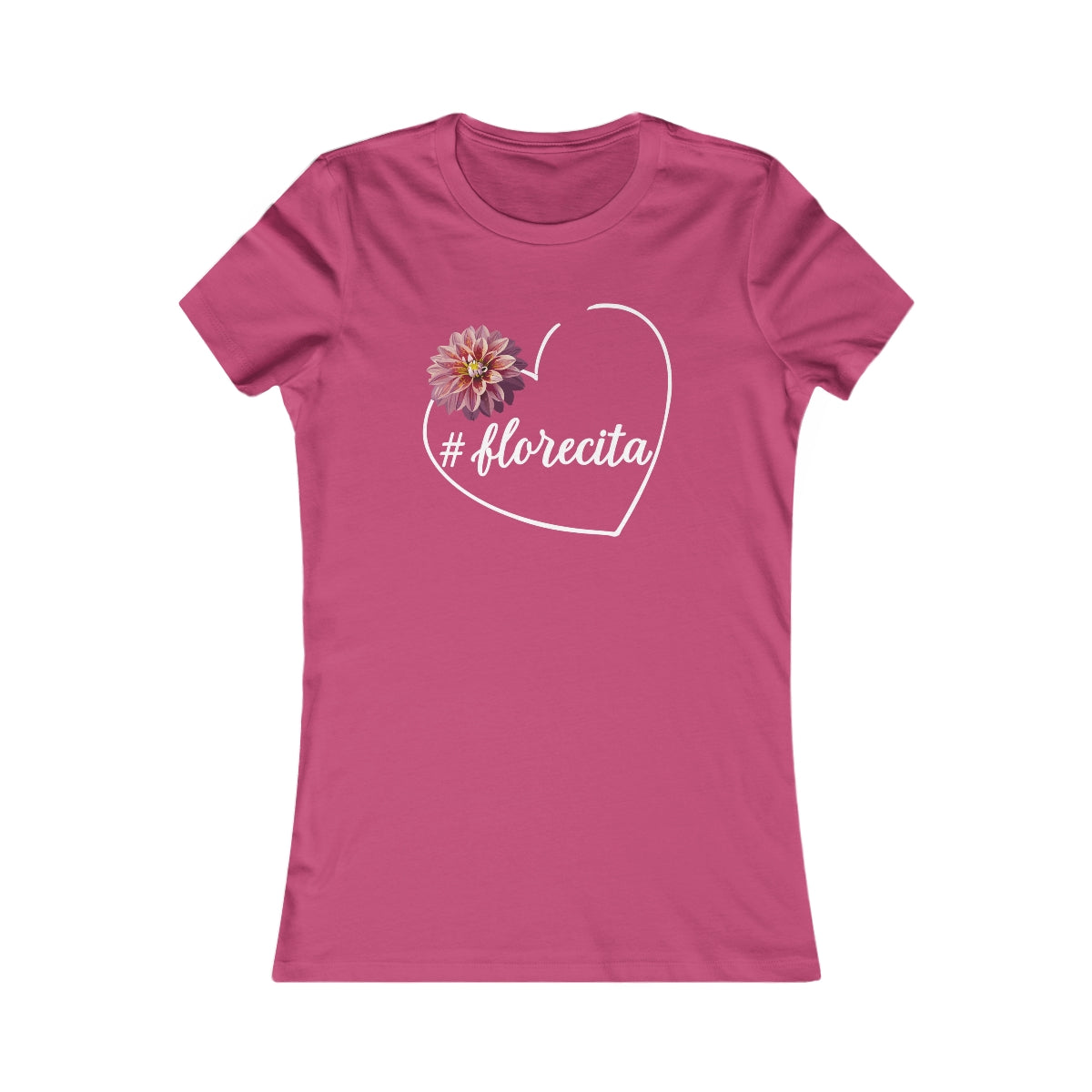 Cute Black Tee for Women with Pink Dahlia & Hashtag Florecita Heart