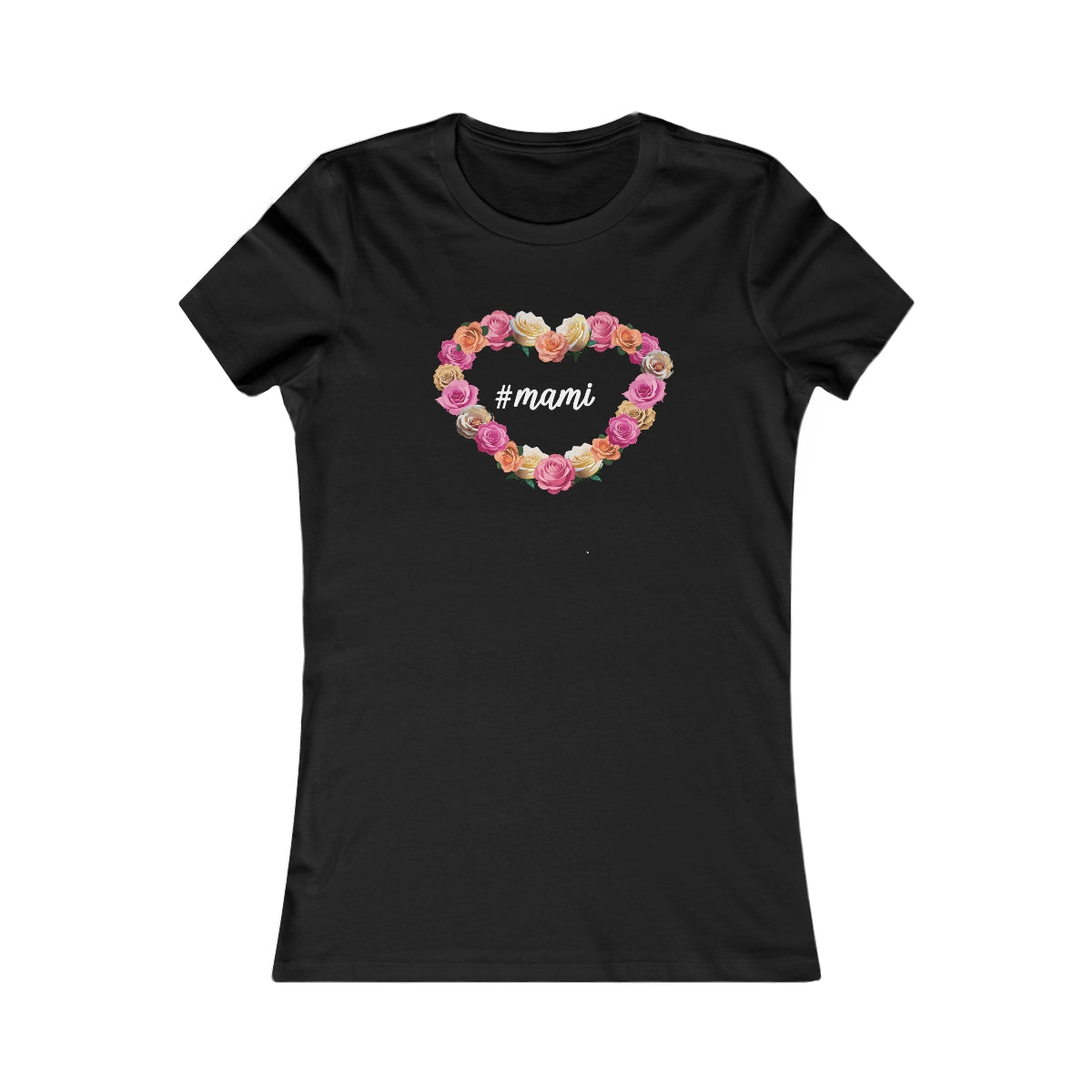Cute Black Tee for Women with Hashtag Mami Heart Rosettes Design