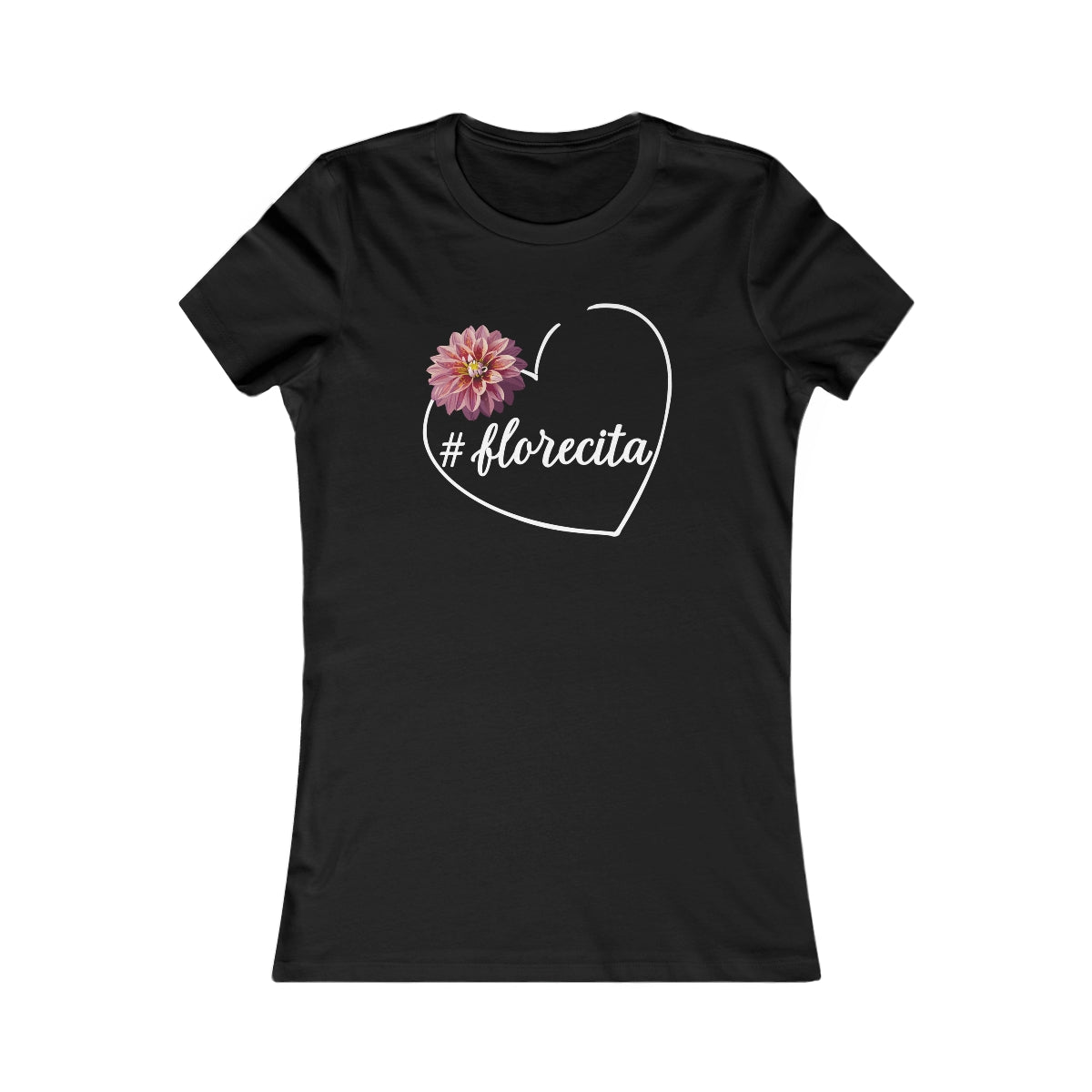 Cute Black Tee for Women with Pink Dahlia & Hashtag Florecita Heart