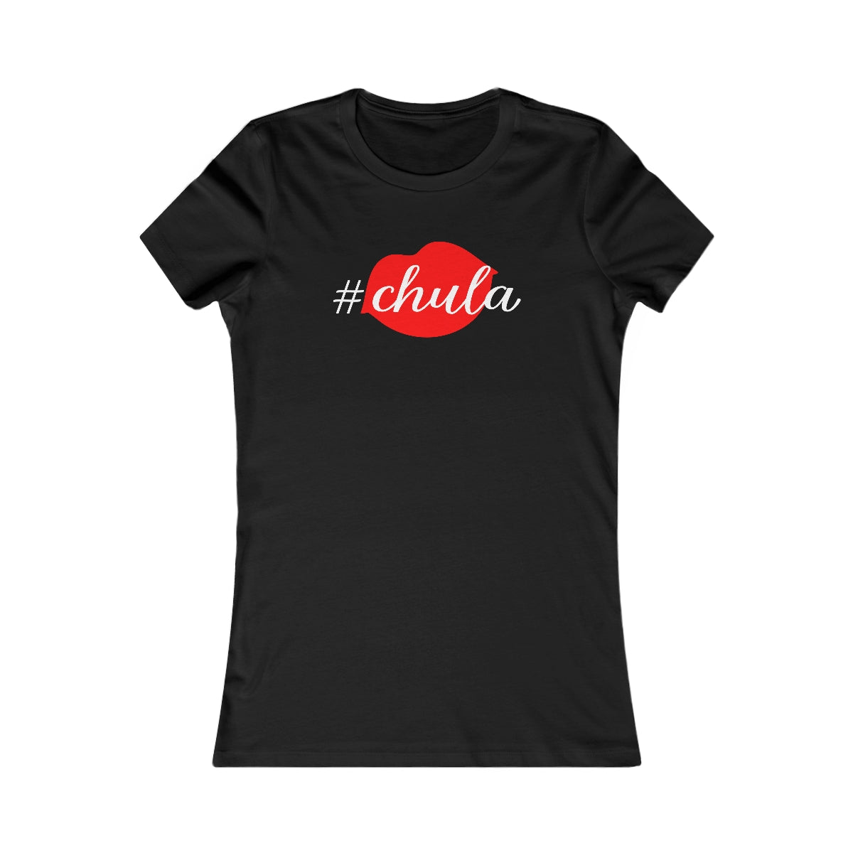 Cute Black Tee for Women with Red Lips and Hashtag Chula Design