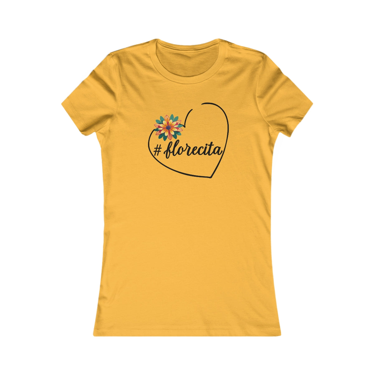 Cute White Tee for Women with Orange Dahlia & Hashtag Florecita Heart