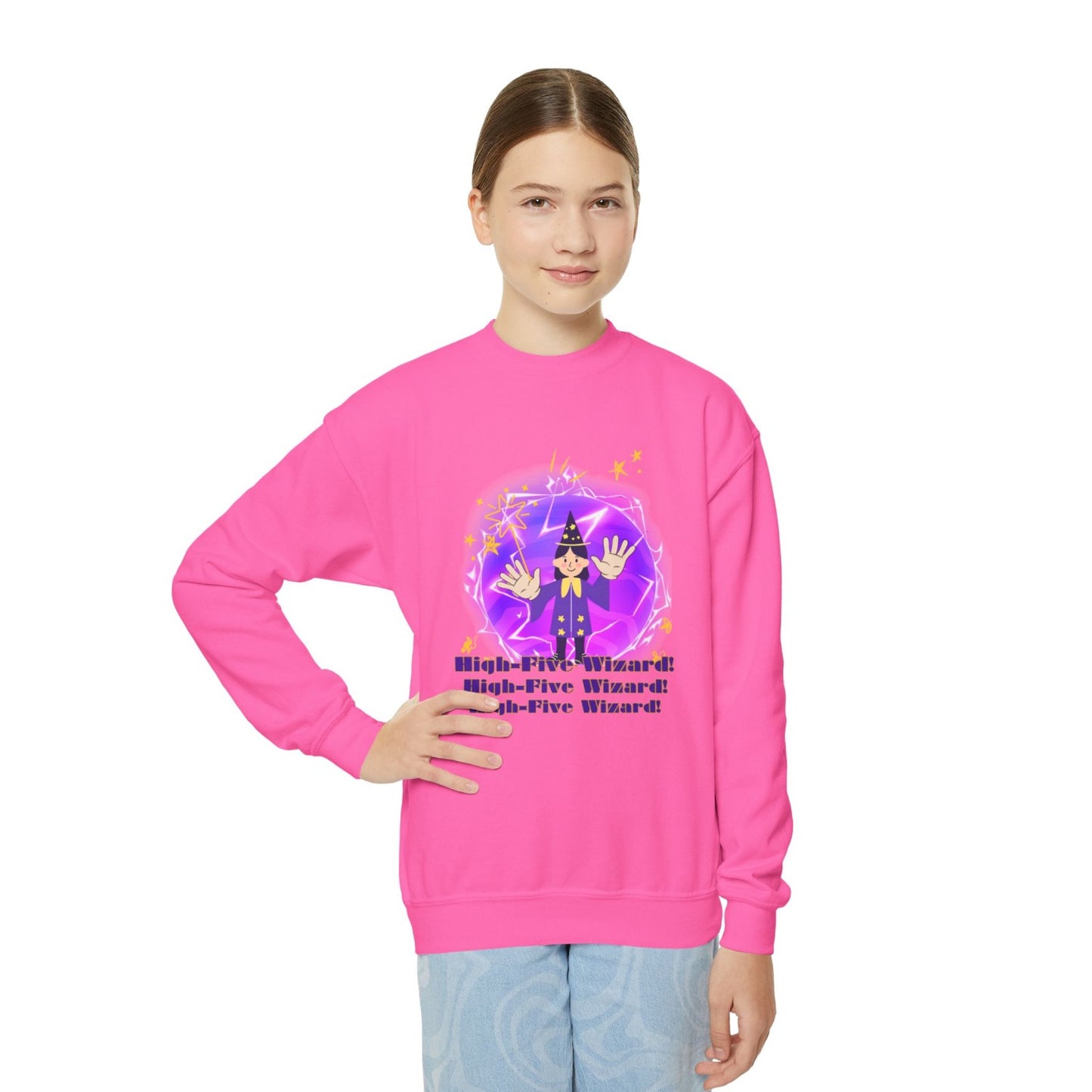 Cozy Youth Crewneck Sweatshirt Featuring High-Five Wizard