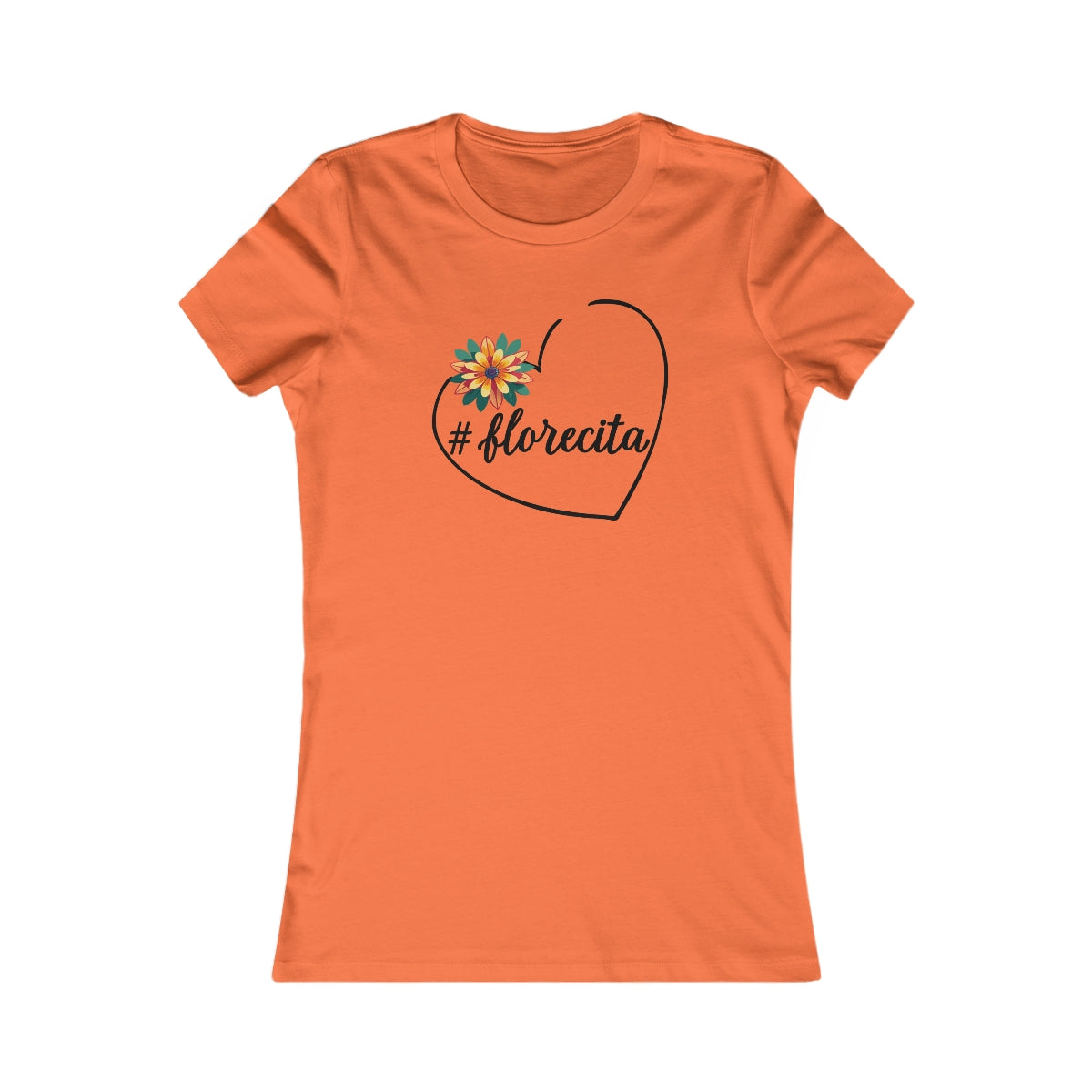 Cute White Tee for Women with Orange Dahlia & Hashtag Florecita Heart