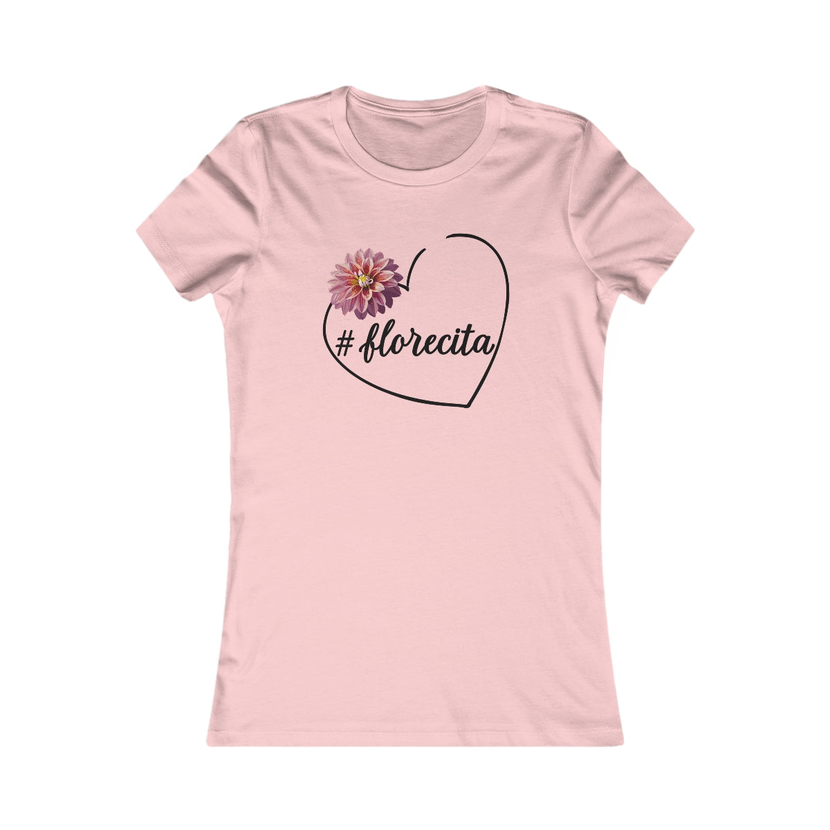 Cute Pink Tee for Women with Pink Dahlia & Hashtag Florecita Heart