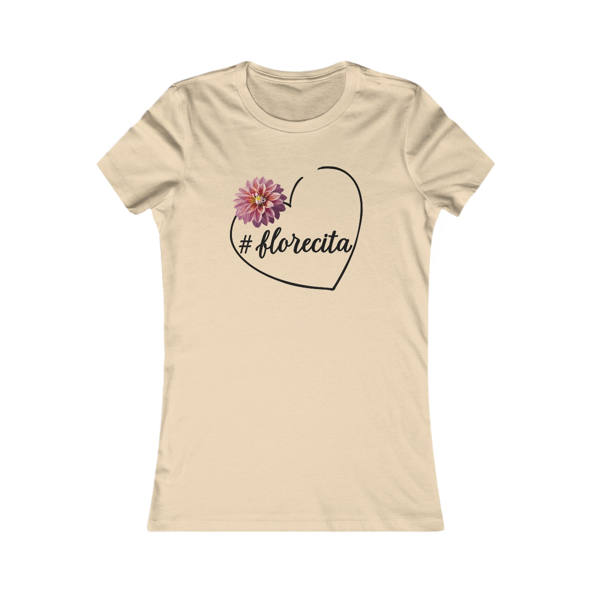 Cute Pink Tee for Women with Pink Dahlia & Hashtag Florecita Heart
