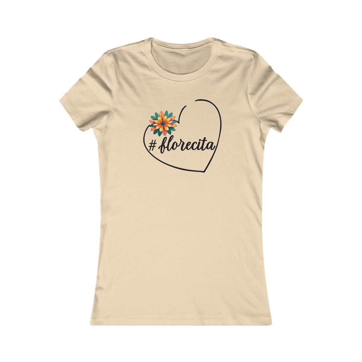 Cute White Tee for Women with Orange Dahlia & Hashtag Florecita Heart