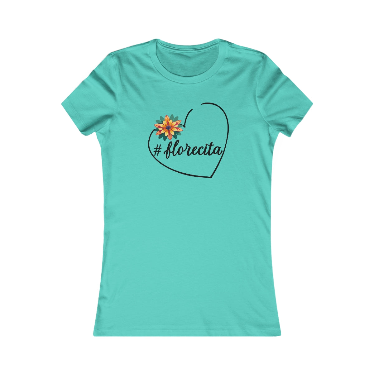 Cute White Tee for Women with Orange Dahlia & Hashtag Florecita Heart