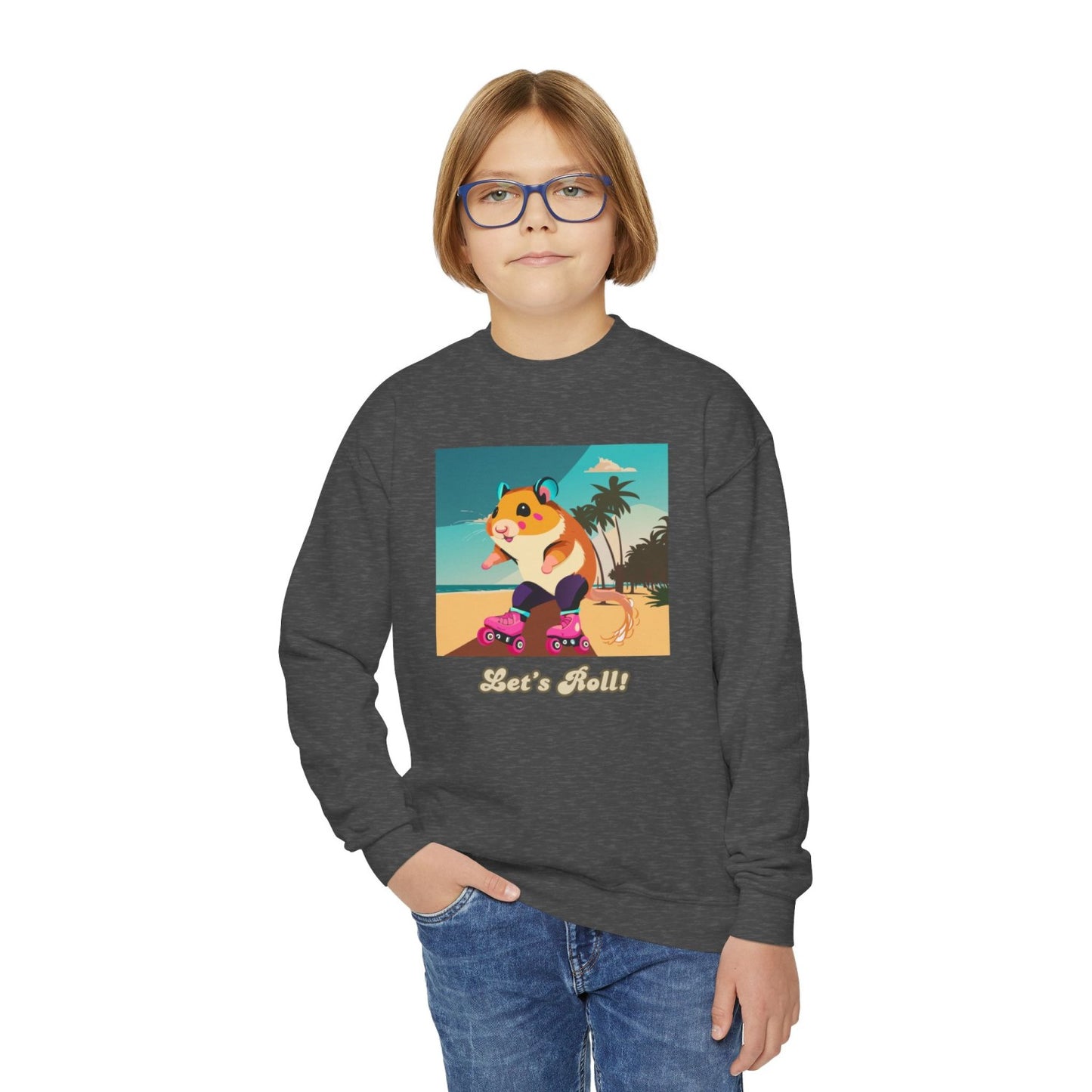 Cozy Youth Crewneck Sweatshirt Featuring Roller Skating Hammy
