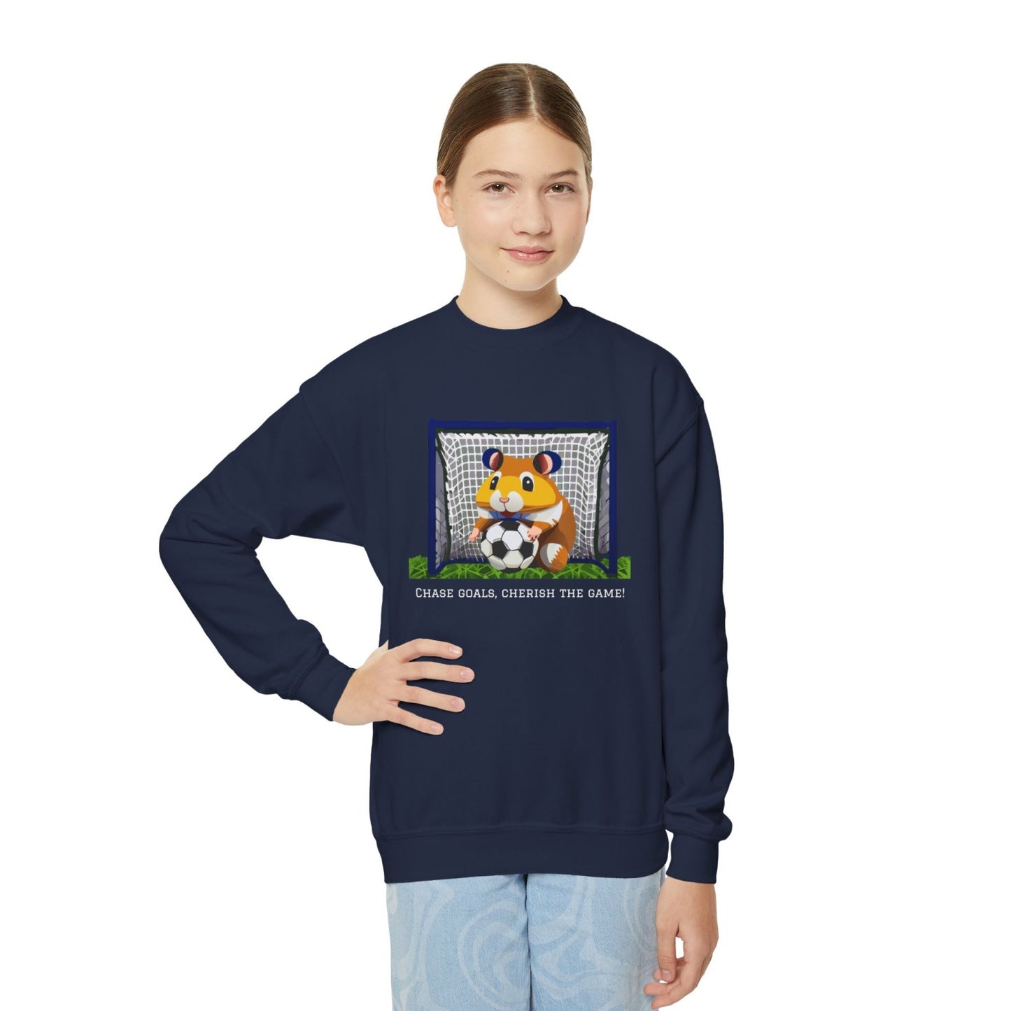 Cozy Youth Crewneck Sweatshirt Featuring Soccer Hammy