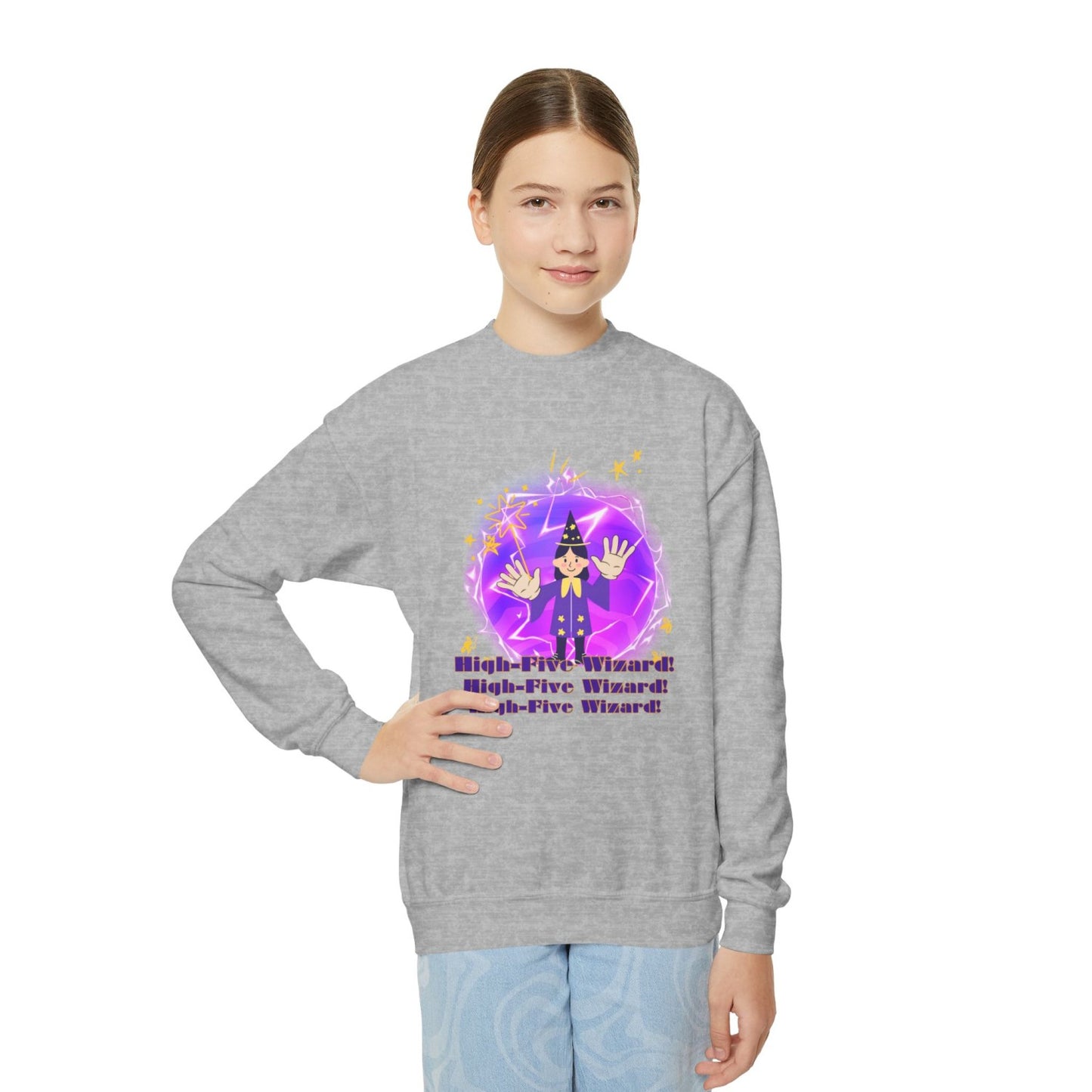 Cozy Youth Crewneck Sweatshirt Featuring High-Five Wizard