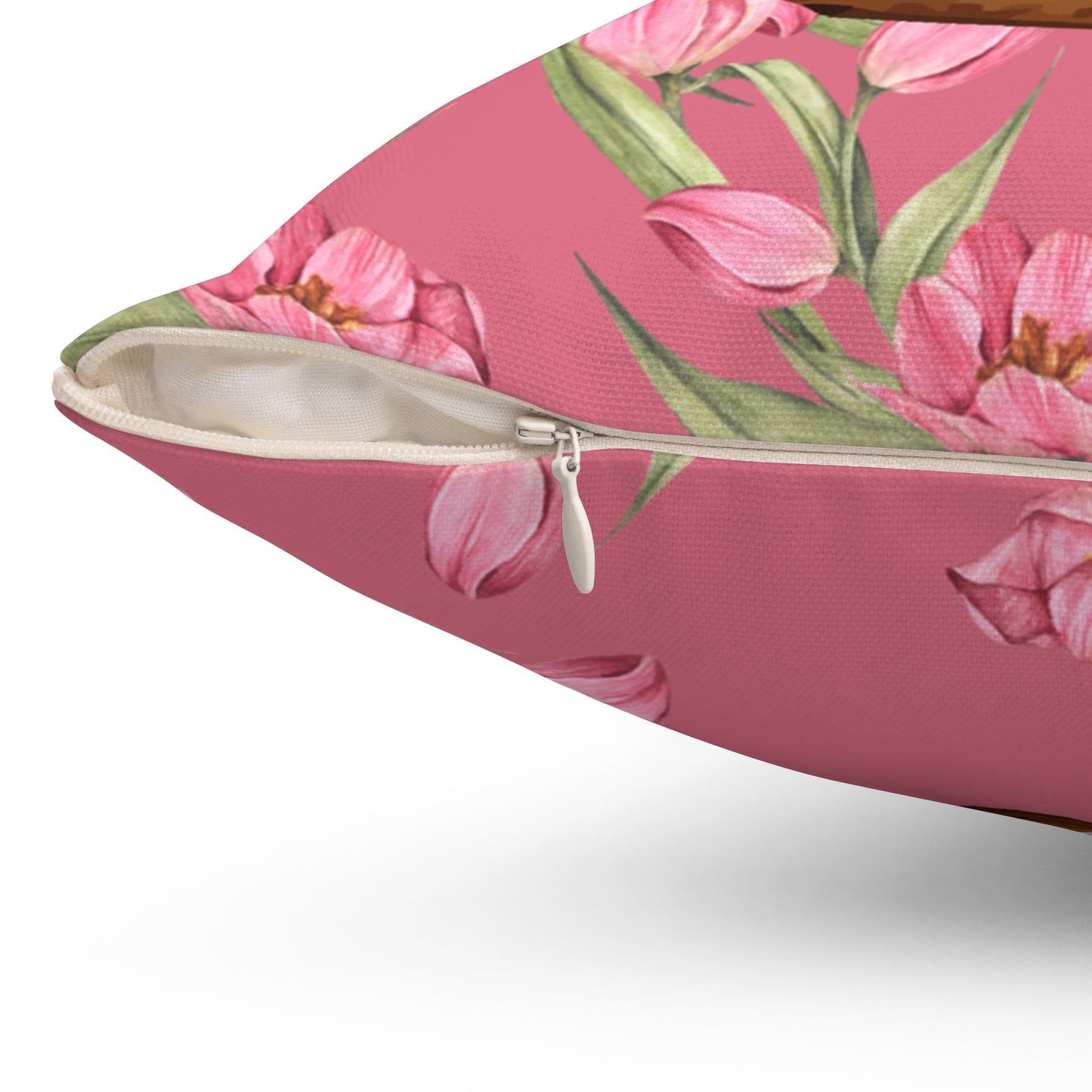 Square Pillow Featuring Adorable Brown Maltese and Pink Tulips