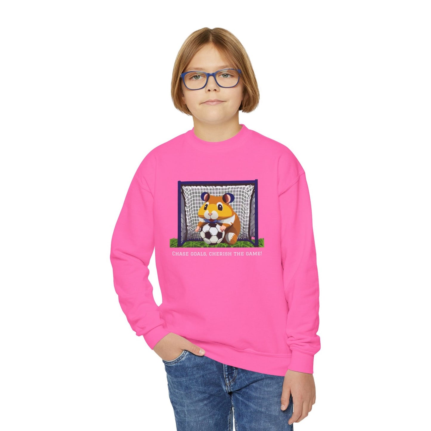 Cozy Youth Crewneck Sweatshirt Featuring Soccer Hammy
