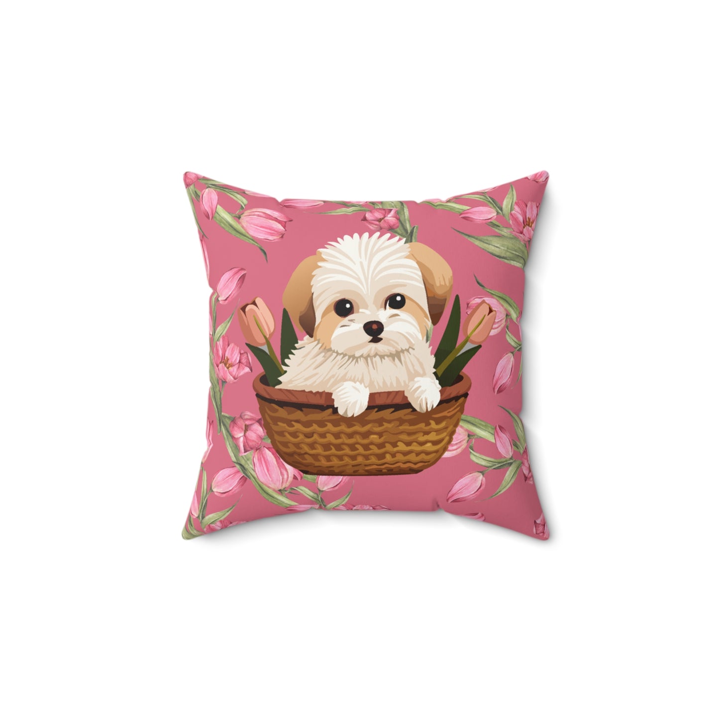 Square Pillow Featuring Adorable Brown Maltese and Pink Tulips