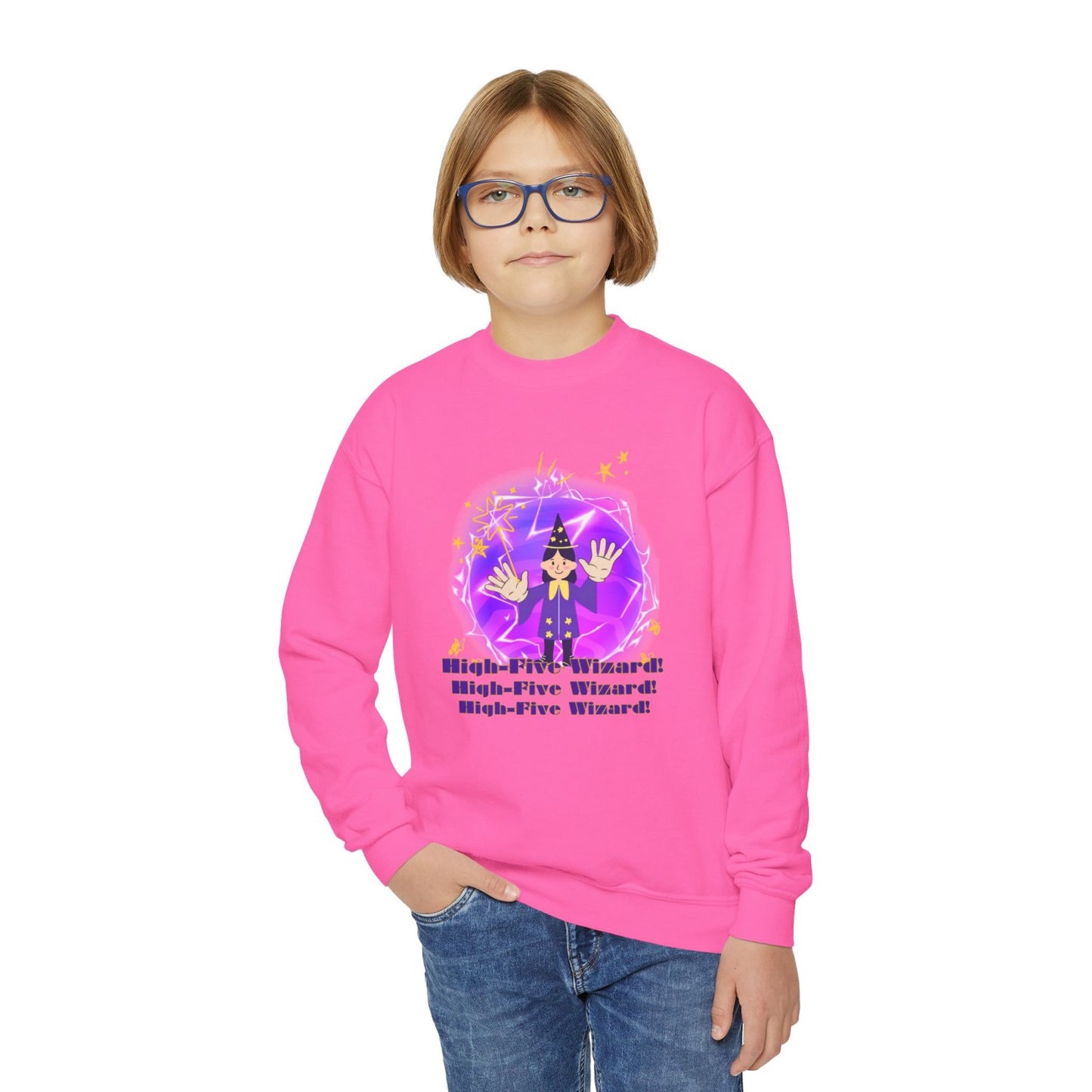 Cozy Youth Crewneck Sweatshirt Featuring High-Five Wizard