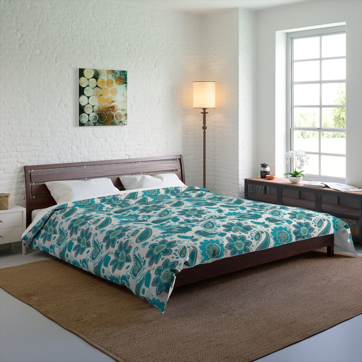 Turquoise Comforter with Floral Paisley Design