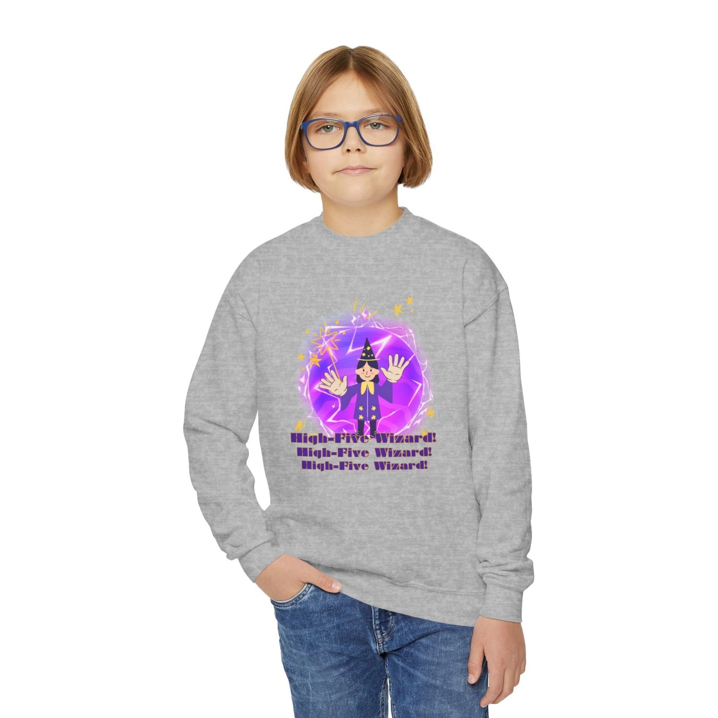 Cozy Youth Crewneck Sweatshirt Featuring High-Five Wizard
