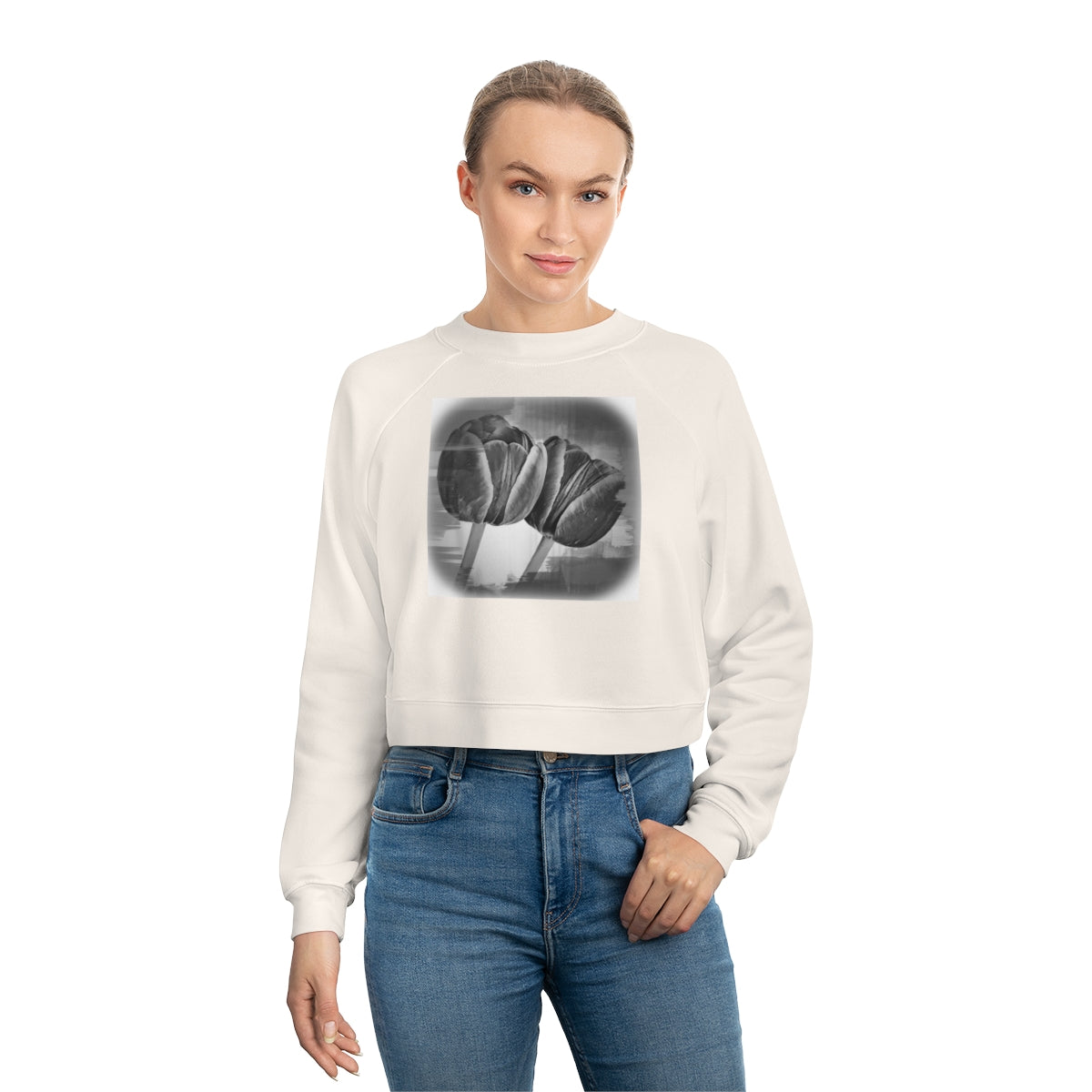 Vintage Style White Cropped Fleece Sweatshirt with Monochrome Tulips