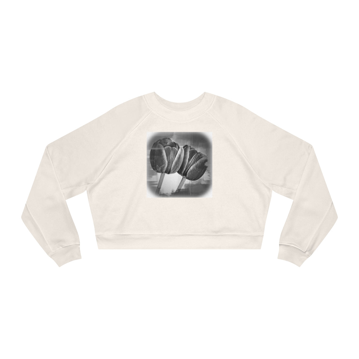 Vintage Style White Cropped Fleece Sweatshirt with Monochrome Tulips
