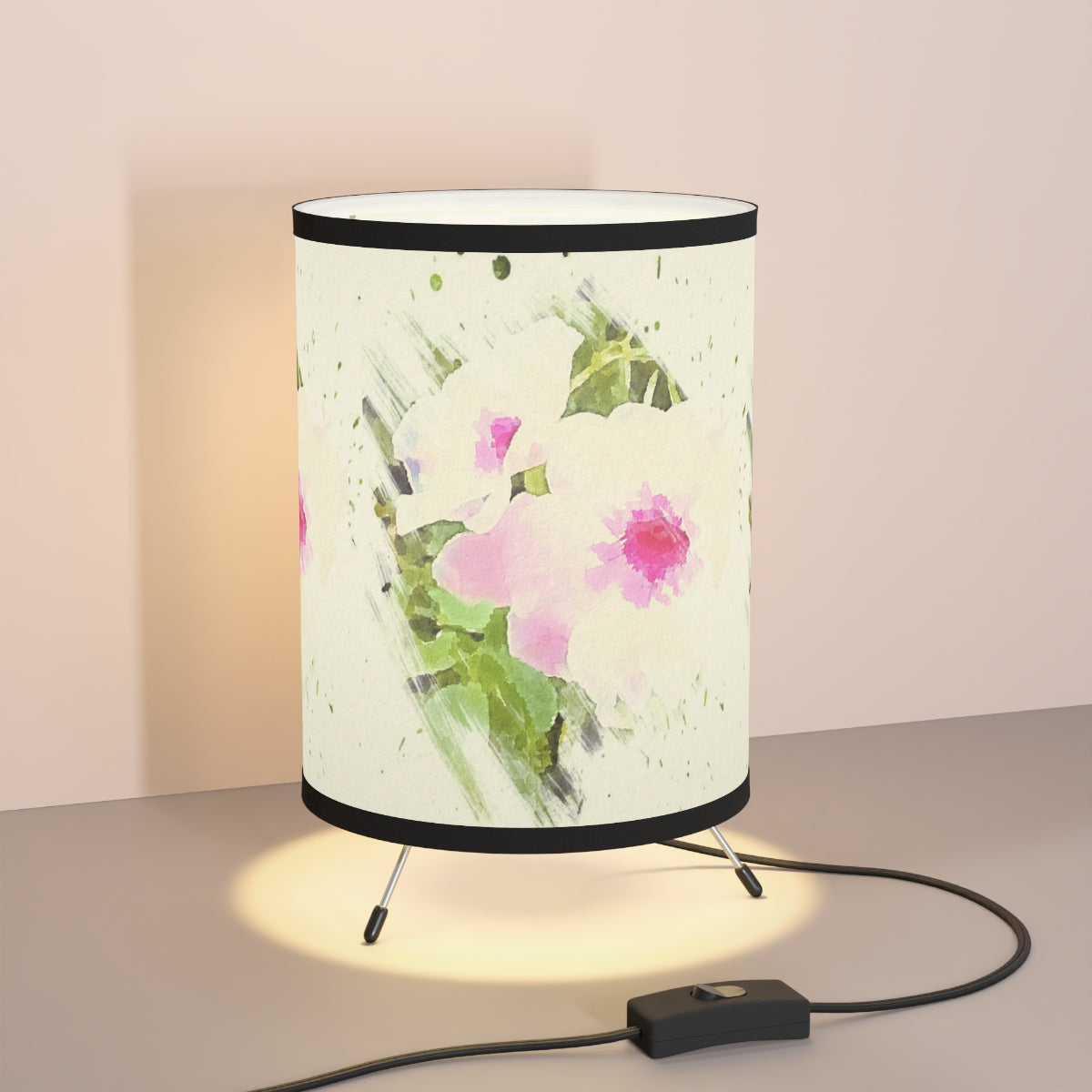 White Floral Tripod Lamp in Watercolor Design