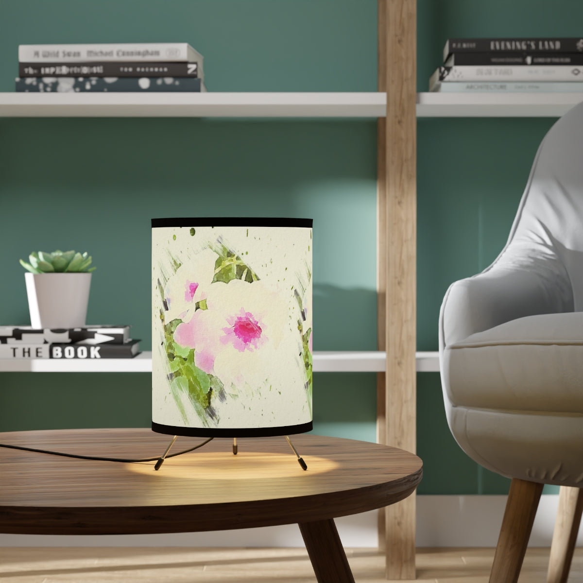 White Floral Tripod Lamp in Watercolor Design