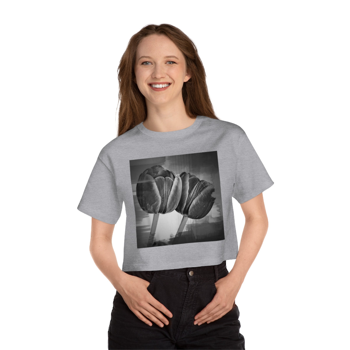 Champion Branded Vintage Style Grey Cropped Top with Monochrome Tulips