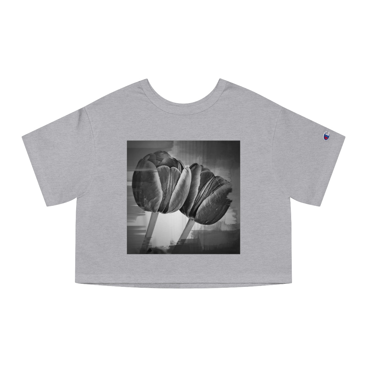 Champion Branded Vintage Style Grey Cropped Top with Monochrome Tulips