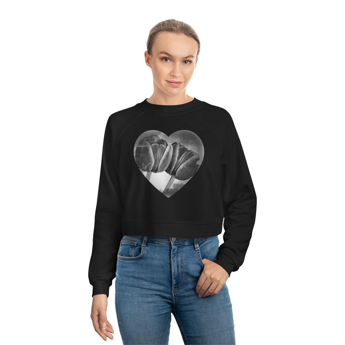 Vintage Style Black Cropped Fleece Sweatshirt with Monochrome Tulips