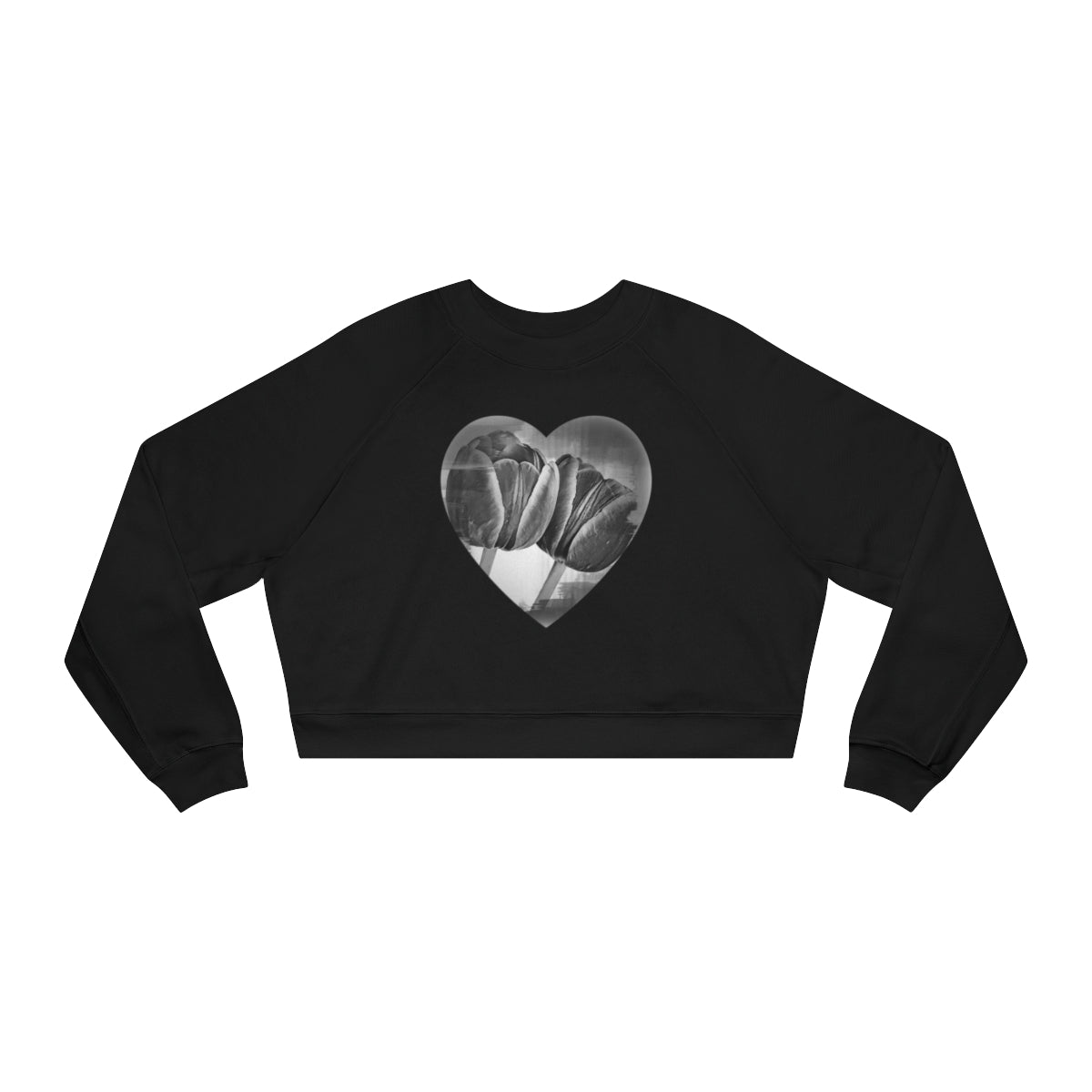 Vintage Style Black Cropped Fleece Sweatshirt with Monochrome Tulips
