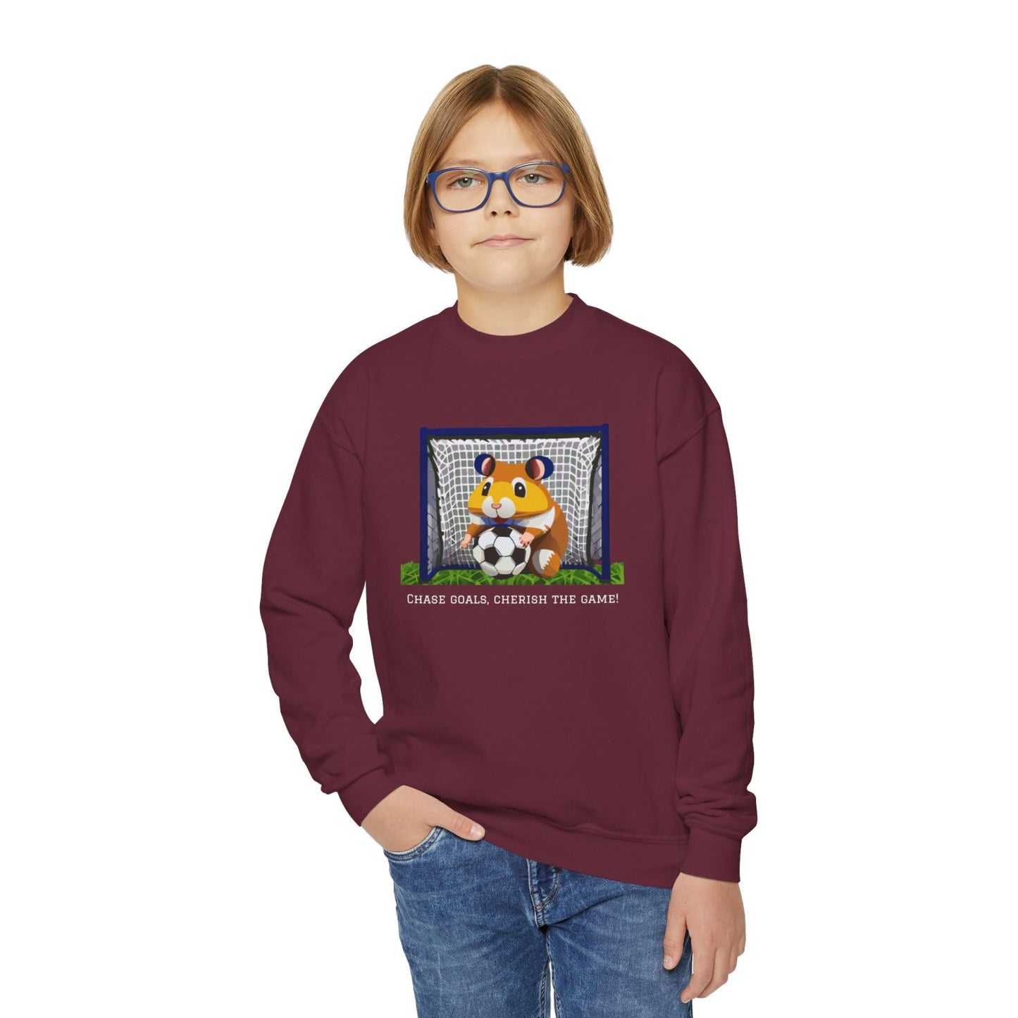 Cozy Youth Crewneck Sweatshirt Featuring Soccer Hammy