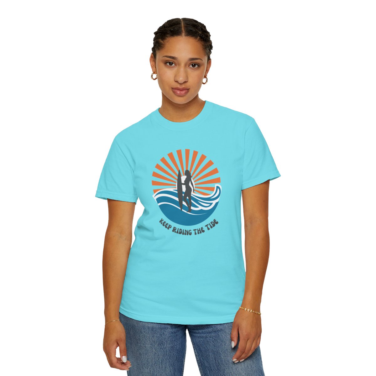 Chic Surfer Themed T-shirt Featuring Riding Girl with Cool Phrase