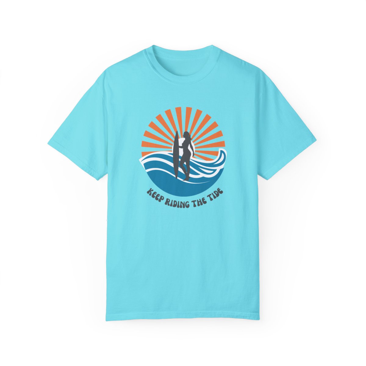Chic Surfer Themed T-shirt Featuring Riding Girl with Cool Phrase
